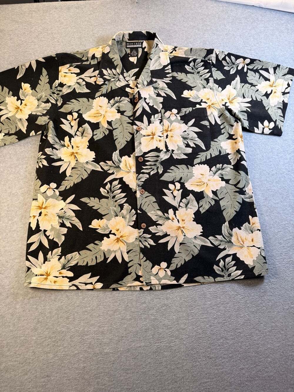 Montage Collection Silk Hawaiian Shirt Size L Black Floral Camp